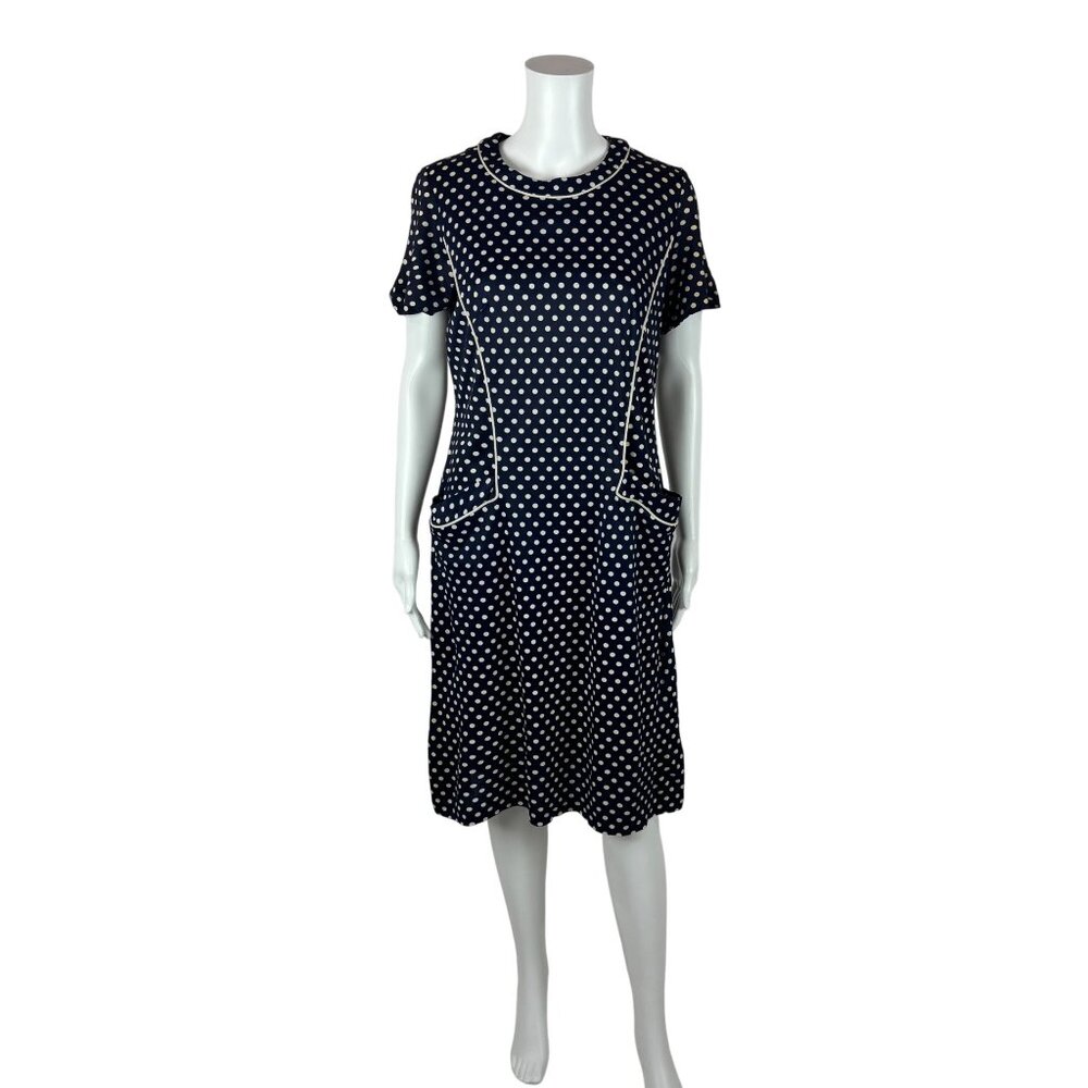 Vintage 70s Polka Dot Dress Womens Large Purple White Hip Pockets Shift